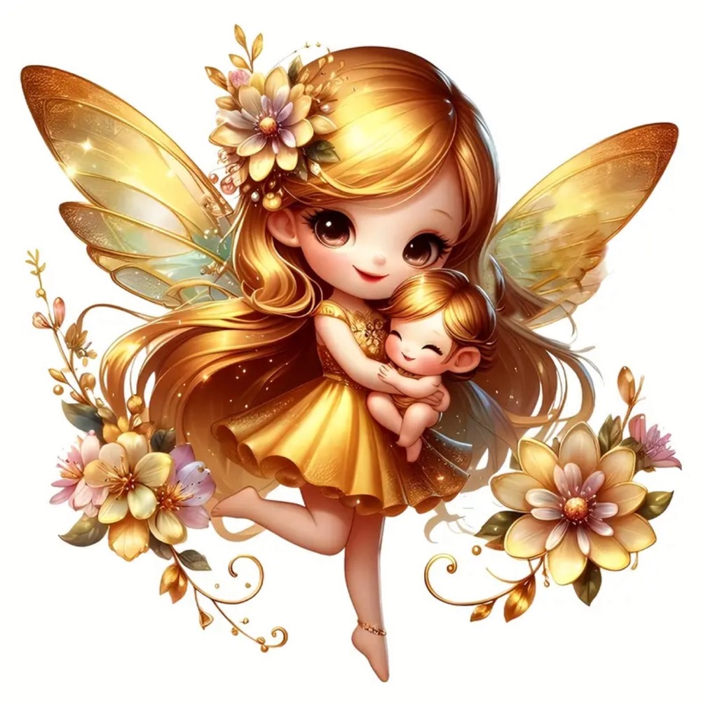 Golden Floral Mother Fairy with Child 2D Acrylic Pendant Ornament, Baby Shower